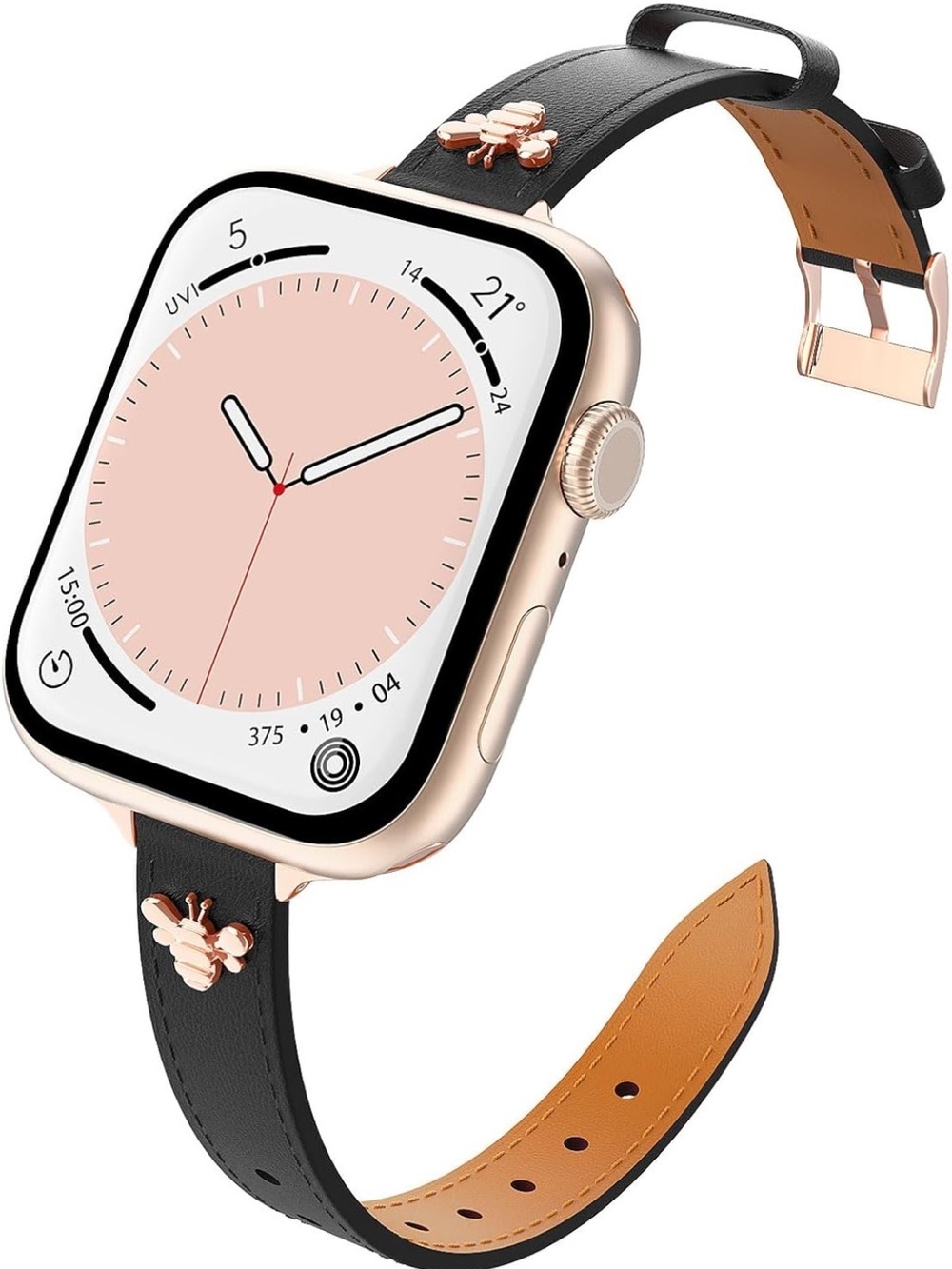 Elegant 100% leather strap for AppleWatch featuring bees. Narrow and feminine